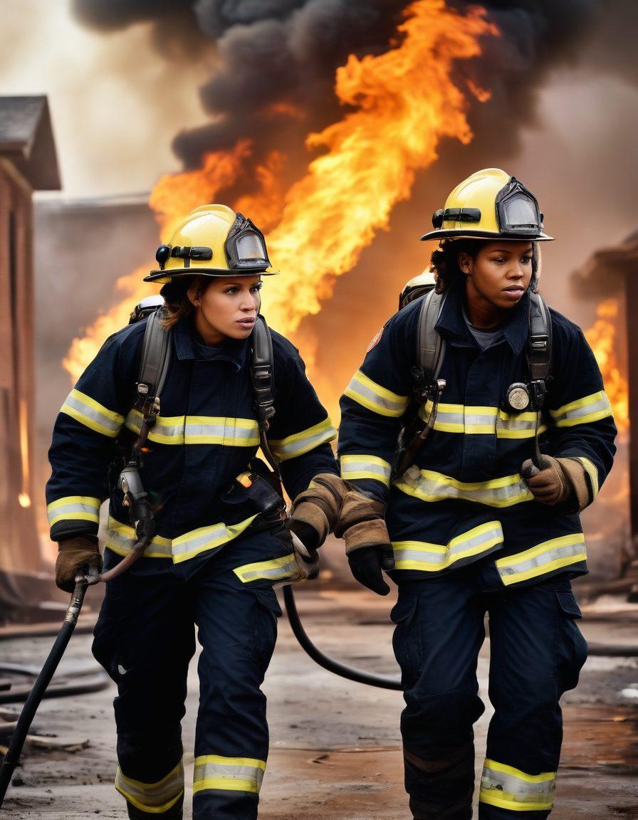 A powerful scene of diverse female firefighters in action, showcasing their strength and camaraderie as they battle flames and lead a team. One woman is fearlessly directing a hose, while another assists a younger colleague. Bright flames and smoke contrast with their determined faces, illustrating courage and resilience. The background features a burning building, symbolizing the challenges they overcome. dynamic composition, vibrant colors, super-realistic.