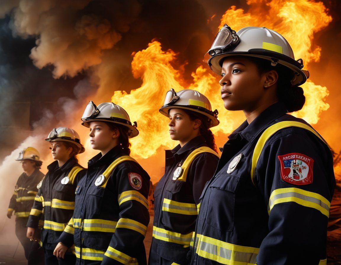A powerful scene depicting diverse courageous women fire service professionals in action, showcasing teamwork and bravery. Flames and smoke in the background emphasize their resilience, while soft beams of light symbolize hope. Include imagery of community engagement and inspiration, with women mentoring young girls. The overall tone should be empowering and dynamic, capturing the essence of transformation and courage. super-realistic. vibrant colors. dramatic lighting.