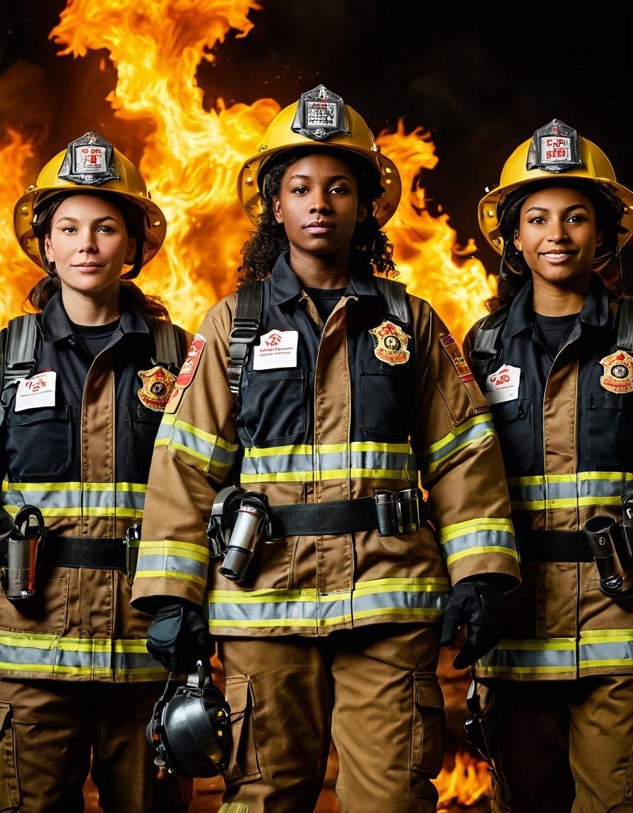A powerful and diverse group of women firefighters standing together, wearing their gear with pride and confidence. The backdrop features a community fire safety education event, with children and families engaged in learning. Illustrate elements of empowerment, courage, and teamwork with flames subtly integrated into the design to symbolize their bravery. The scene should be vibrant and dynamic, capturing the spirit of women making a difference in fire safety. super-realistic. vibrant colors. inspirational atmosphere.